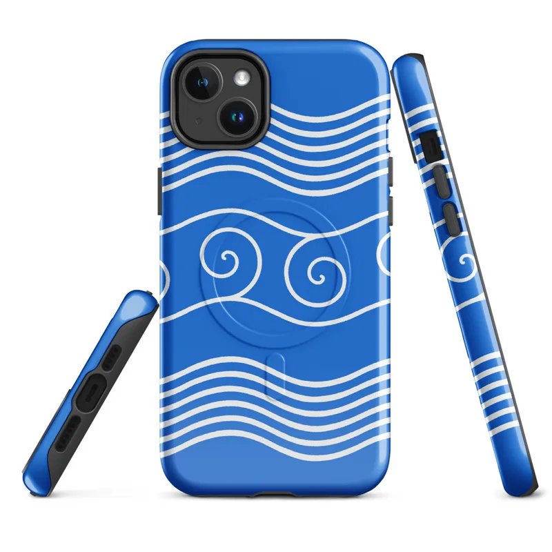 Glossy Ocean Waves Coastal Serenity MagSafe Tough Case for iPhone — white parallel wave lines and spiral wave crests