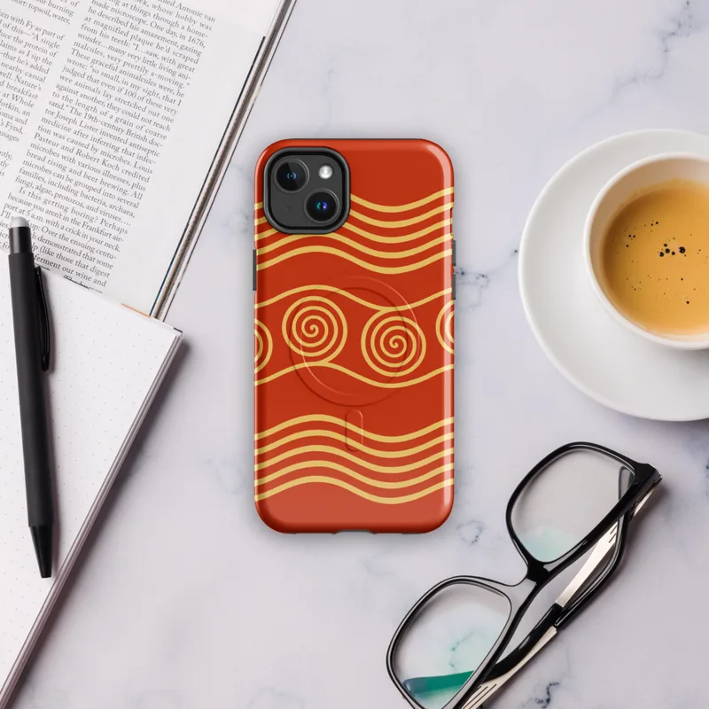 Glossy Ancient Waves Gold Spiral MagSafe Tough Case for iPhone — repeating golden spiral circles and wavy parallel lines
