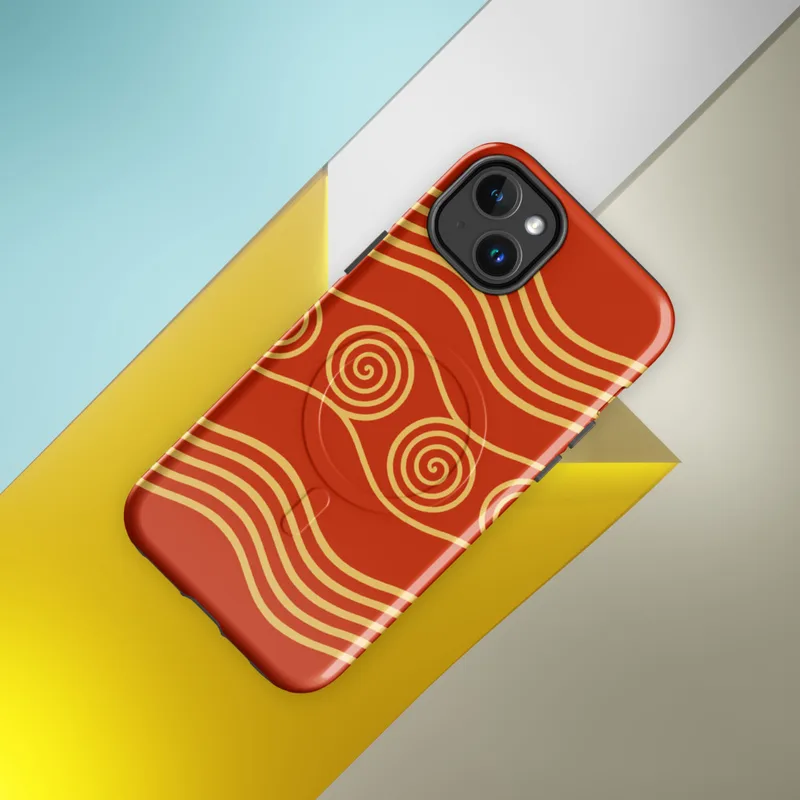 Glossy Ancient Waves Gold Spiral MagSafe Tough Case for iPhone — repeating golden spiral circles and wavy parallel lines