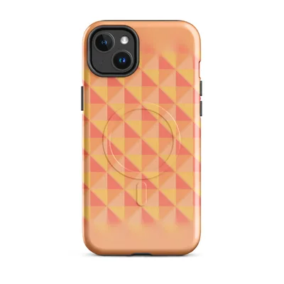 repeating triangle grid mosaic in warm coral, peach, blush, and golden yellow with soft radial blur at the edges on Glossy Sunset Grid Geometric MagSafe Tough Case for iPhone - default - Front view