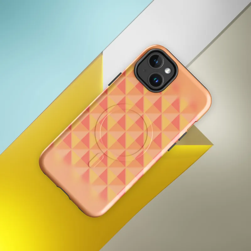 Glossy Sunset Grid Geometric MagSafe Tough Case for iPhone — repeating triangle grid mosaic in warm coral, peach, blush