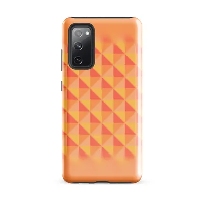 tessellating triangles in coral red, golden yellow, and soft peach forming a faceted grid with a soft vignette fade on a warm peach background on Glossy Warm Geometry Sunset Grid Tough Case for Samsung - default - Front view