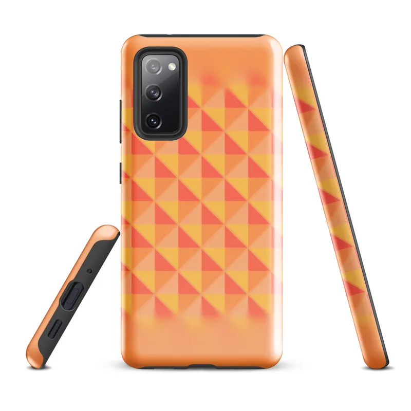 Glossy Warm Geometry Sunset Grid Tough Case for Samsung — tessellating triangles in coral red, golden yellow, and soft peach