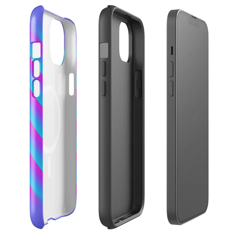 Glossy Neon Diagonal Surge MagSafe Tough Case for iPhone — diagonal soft-edged stripes in vivid cyan and hot magenta fading