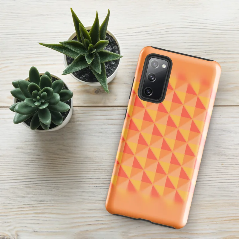 Glossy Warm Geometry Sunset Grid Tough Case for Samsung — tessellating triangles in coral red, golden yellow, and soft peach