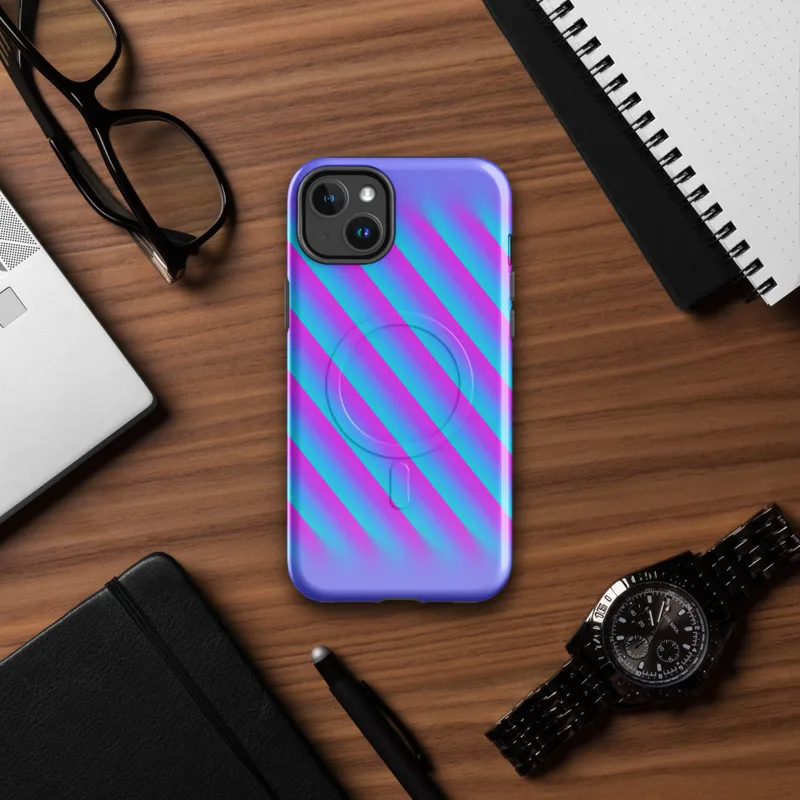 Glossy Neon Diagonal Surge MagSafe Tough Case for iPhone — diagonal soft-edged stripes in vivid cyan and hot magenta fading