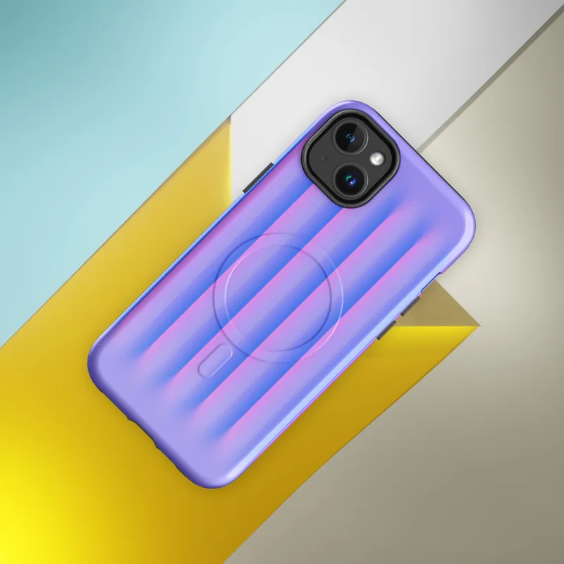 Glossy Neon Ridges MagSafe Tough Case for iPhone — soft vertical ridges with a 3D ripple effect in periwinkle blue and vivid