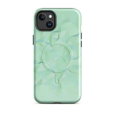low-poly geometric pattern of faceted triangles in soft mint, sage, and seafoam tones with subtle depth and crystal-like shading on Glossy Mint Crystal Geo MagSafe Tough Case for iPhone - default - Front view
