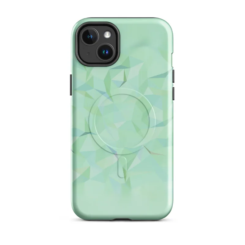 Glossy Mint Crystal Geo MagSafe Tough Case for iPhone — low-poly geometric pattern of faceted triangles in soft mint, sage