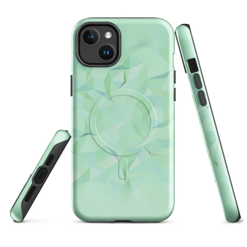 Glossy Mint Crystal Geo MagSafe Tough Case for iPhone — low-poly geometric pattern of faceted triangles in soft mint, sage