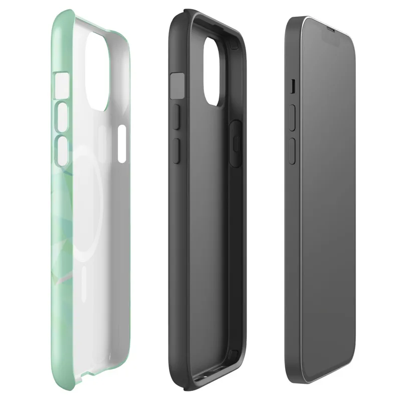 Glossy Mint Crystal Geo MagSafe Tough Case for iPhone — low-poly geometric pattern of faceted triangles in soft mint, sage