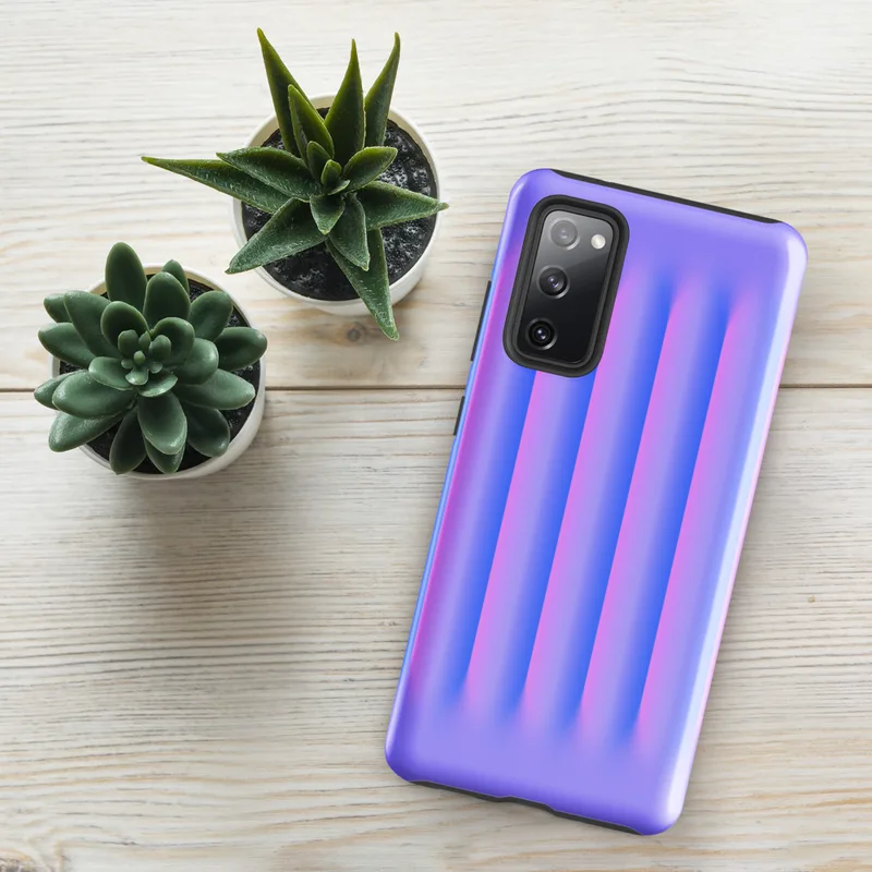 Glossy Neon Ripple Wave Tough Case for Samsung — soft 3D vertical ridges in a glowing gradient of electric blue, pink