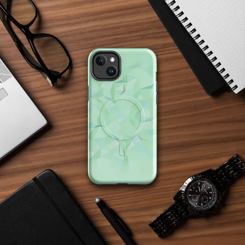 Glossy Mint Crystal Geo MagSafe Tough Case for iPhone — low-poly geometric pattern of faceted triangles in soft mint, sage