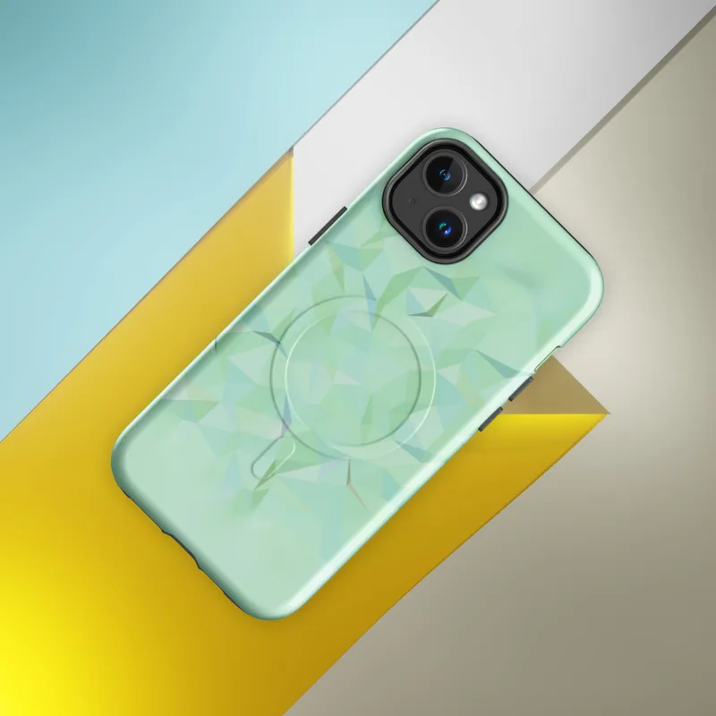 Glossy Mint Crystal Geo MagSafe Tough Case for iPhone — low-poly geometric pattern of faceted triangles in soft mint, sage