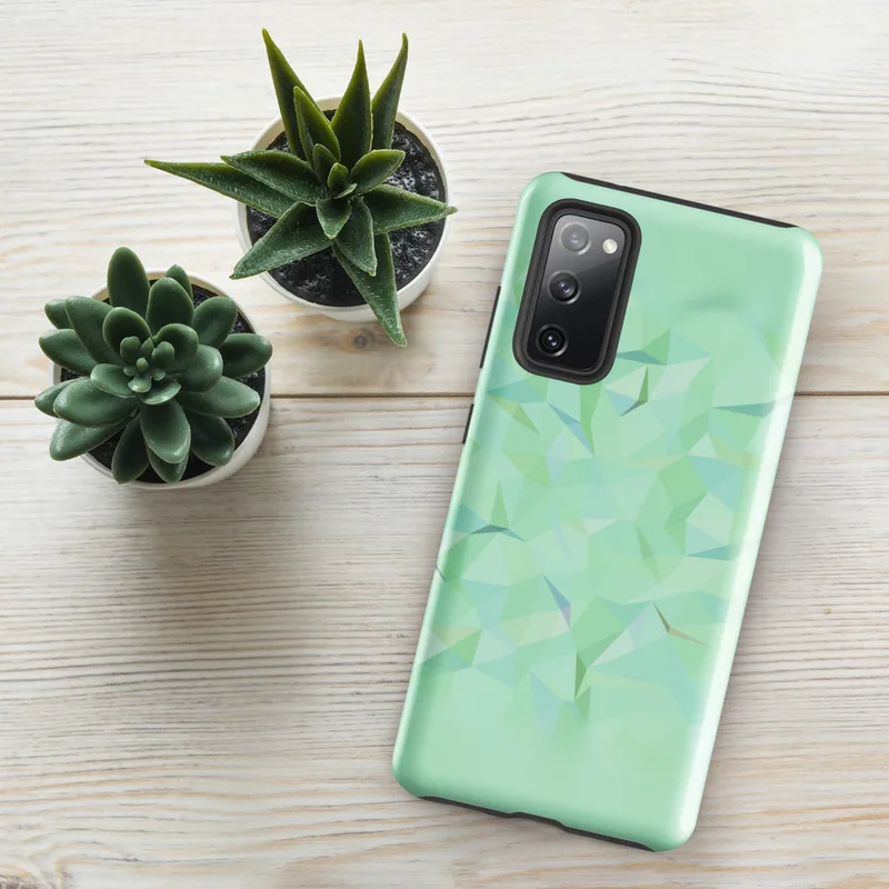 Glossy Mint Crystal Geometric Tough Case for Samsung — low-poly mosaic of triangular facets in soft mint, pale aqua