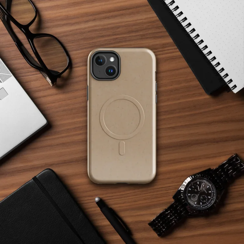 Glossy Warm Sand Minimalist MagSafe Tough Case for iPhone — smooth warm sand beige surface with subtle speckled texture