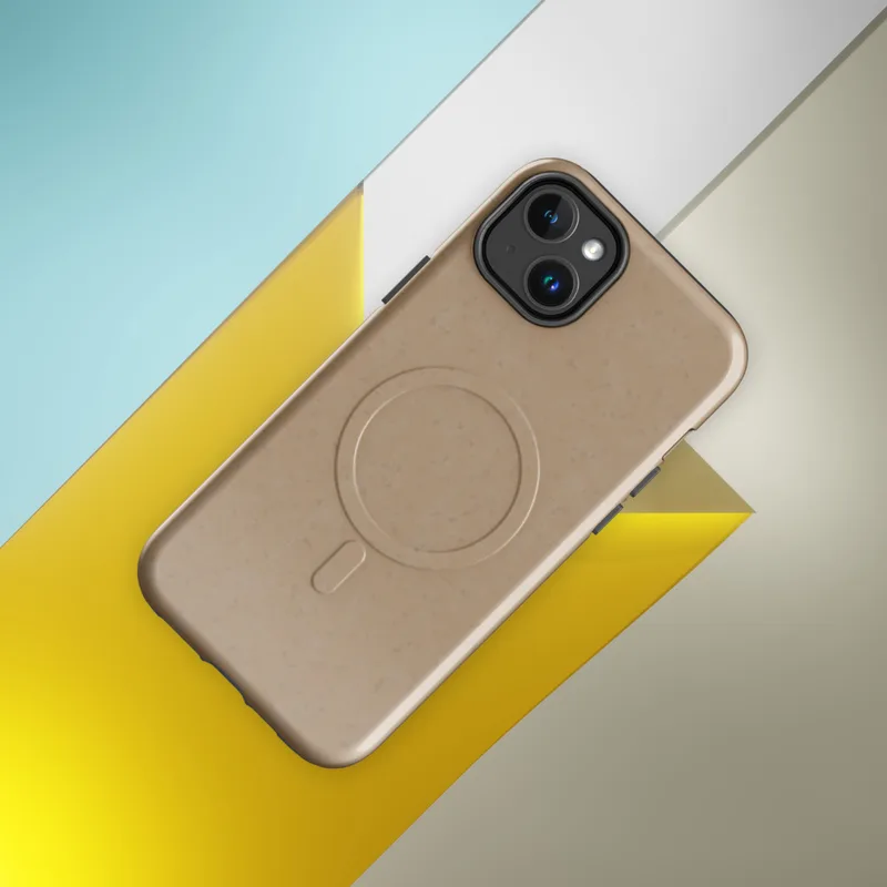Glossy Warm Sand Minimalist MagSafe Tough Case for iPhone — smooth warm sand beige surface with subtle speckled texture