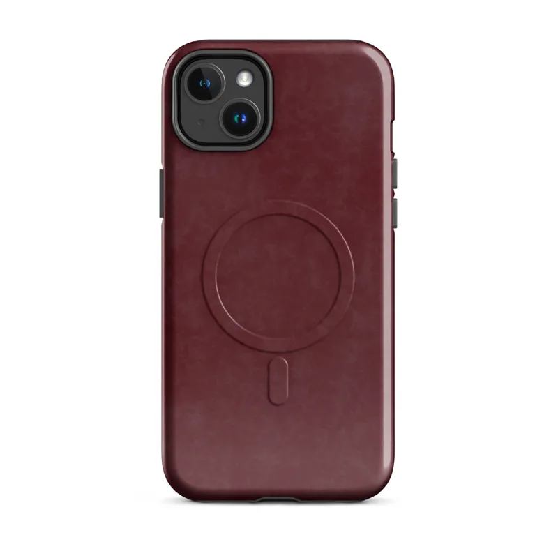 Glossy Crimson Velvet Armor MagSafe Tough Case for iPhone — mottled deep crimson and burgundy velvet-like texture