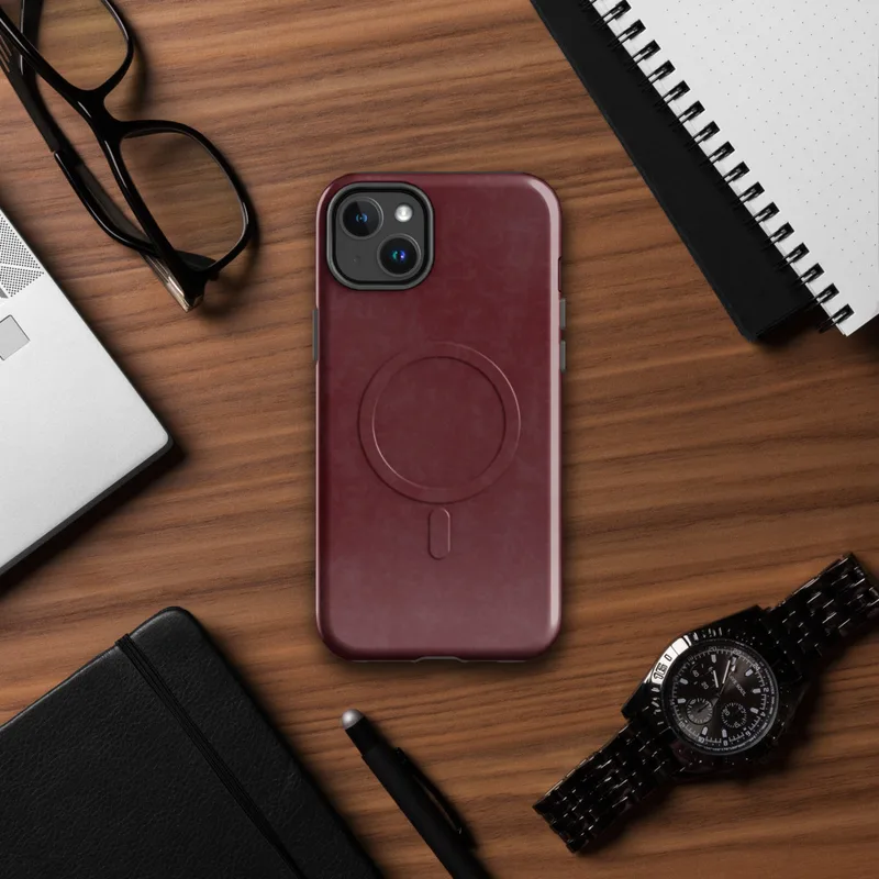 Glossy Crimson Velvet Armor MagSafe Tough Case for iPhone — mottled deep crimson and burgundy velvet-like texture