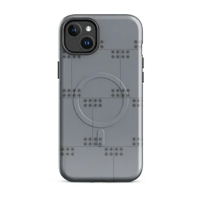 repeating grid of raised dot clusters arranged in pairs on a cool slate-grey background divided by fine intersecting lines on Glossy Steel Grid Dot Matrix MagSafe Tough Case for iPhone - default - Front view