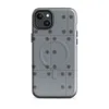 Glossy Steel Grid Riveted Panel MagSafe Tough Case for iPhone — repeating grid of riveted steel panels with dark circular