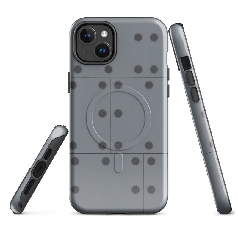 Glossy Steel Grid Riveted Panel MagSafe Tough Case for iPhone — repeating grid of riveted steel panels with dark circular