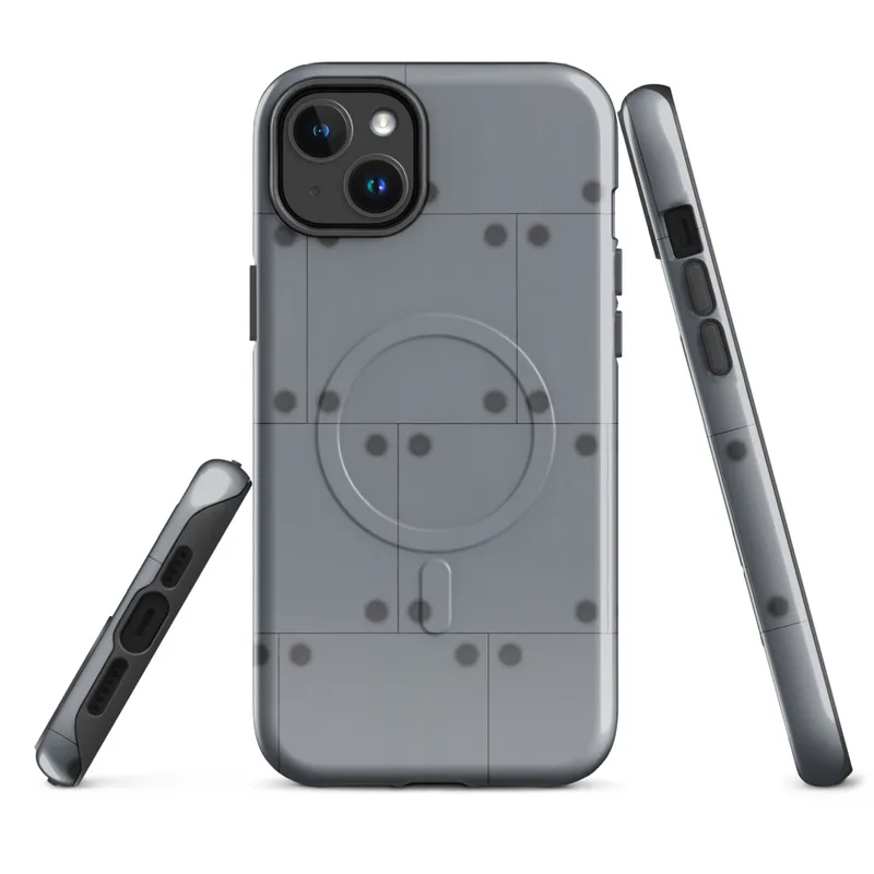 Glossy Steel Panel Industrial MagSafe Tough Case for iPhone — repeating pattern of riveted gunmetal steel panels with dark