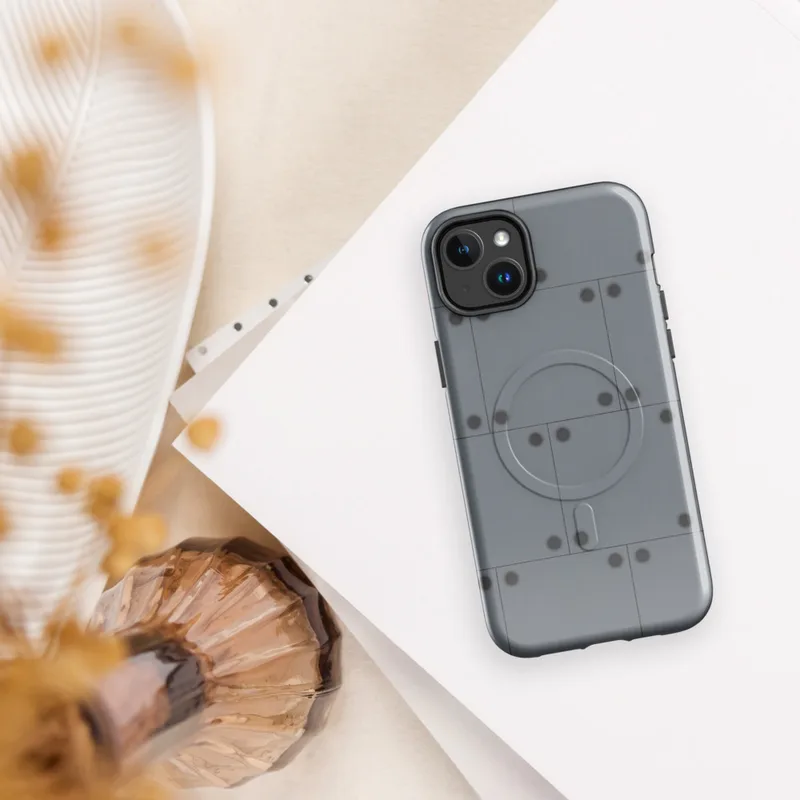 Glossy Steel Panel Industrial MagSafe Tough Case for iPhone — repeating pattern of riveted gunmetal steel panels with dark