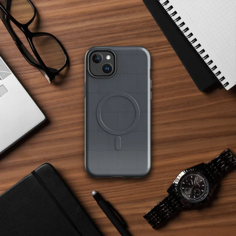 Glossy Midnight Slate MagSafe Tough Case for iPhone — seamless offset grid of dark charcoal slate tiles with subtle rounded