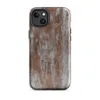 Glossy Rusted Iron Fortress MagSafe Tough Case for iPhone — heavily weathered metal panels with streaking rust in burnt