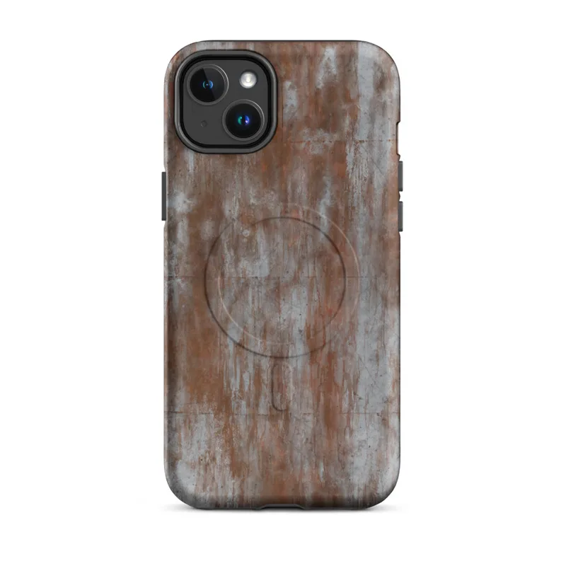 Matte Rusted Iron Fortress MagSafe Tough Case for iPhone — heavily weathered metal panels with streaking rust in burnt