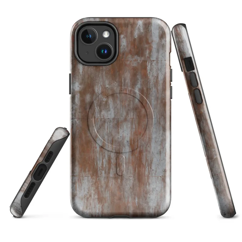 Glossy Rusted Iron Fortress MagSafe Tough Case for iPhone — heavily weathered metal panels with streaking rust in burnt