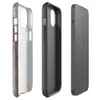 Glossy Rusted Iron Fortress MagSafe Tough Case for iPhone — heavily weathered metal panels with streaking rust in burnt