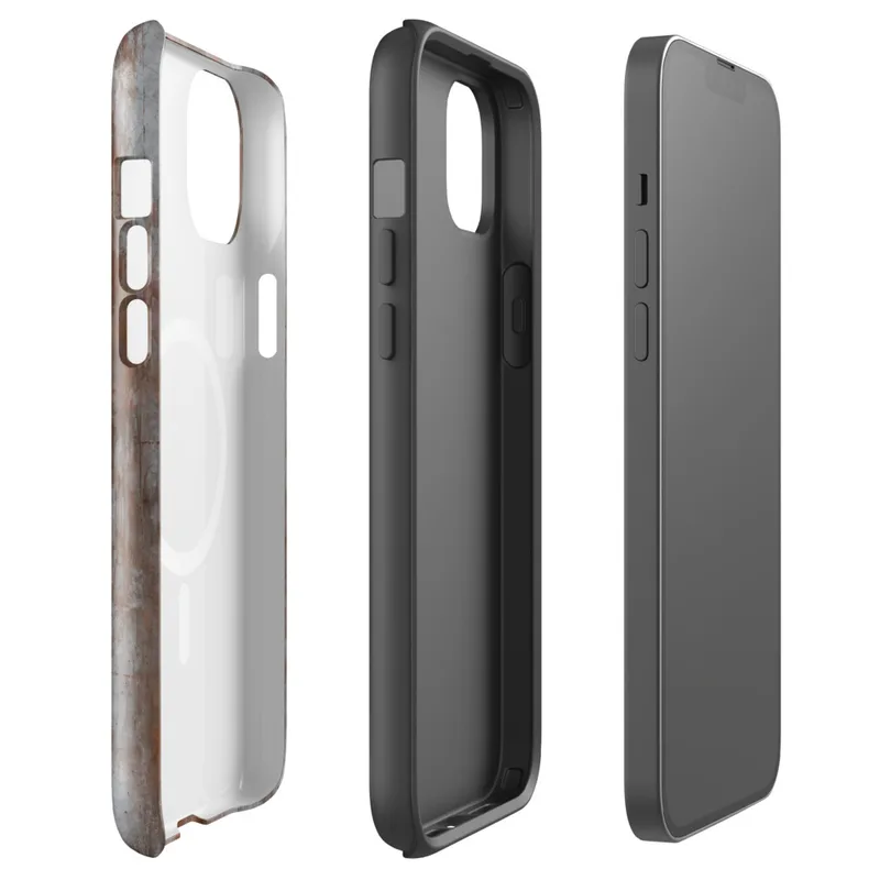 Glossy Rusted Iron Fortress MagSafe Tough Case for iPhone — heavily weathered metal panels with streaking rust in burnt