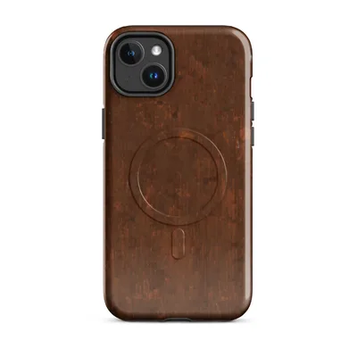 heavily oxidized iron surface with deep burnt sienna streaks, dark amber corrosion blotches, and scattered silver mineral deposits on weathered metal on Glossy Oxidized Iron Rust Patina MagSafe Tough Case for iPhone - default - Front view