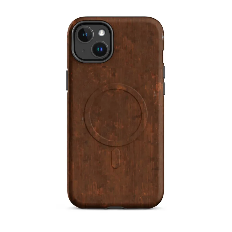 Matte Oxidized Iron Rust Patina MagSafe Tough Case for iPhone — heavily oxidized iron surface with deep burnt sienna