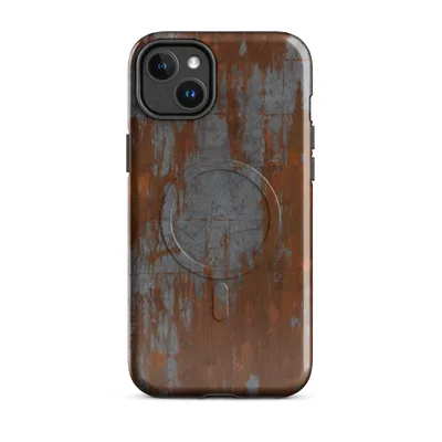 heavily corroded metal surface with streaks of burnt orange rust bleeding over scratched grey steel panels on Glossy Iron Decay Rust Metal MagSafe Tough Case for iPhone - default - Front view