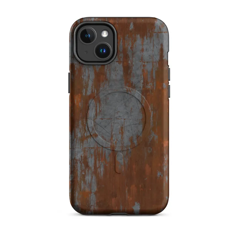 Matte Iron Decay Rust Metal MagSafe Tough Case for iPhone — heavily corroded metal surface with streaks of burnt orange rust