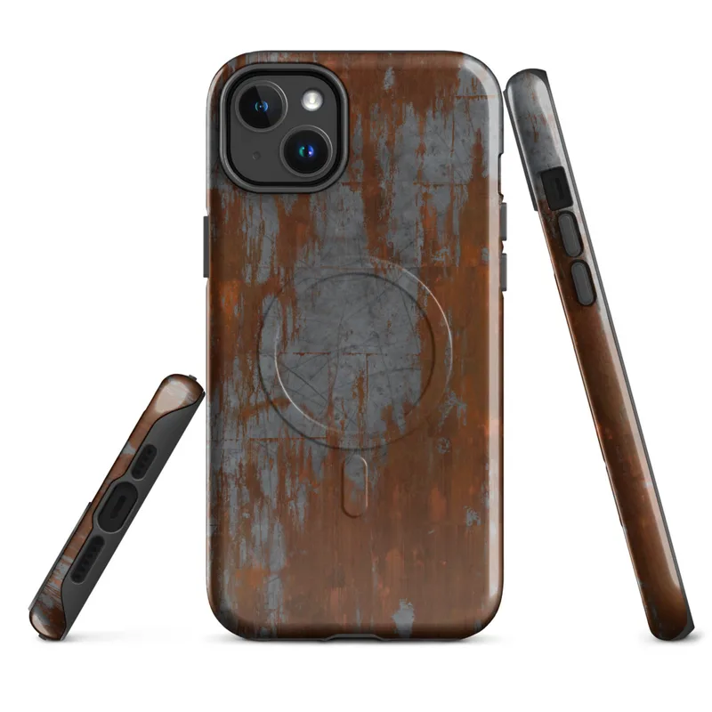 Glossy Iron Decay Rust Metal MagSafe Tough Case for iPhone — heavily corroded metal surface with streaks of burnt orange