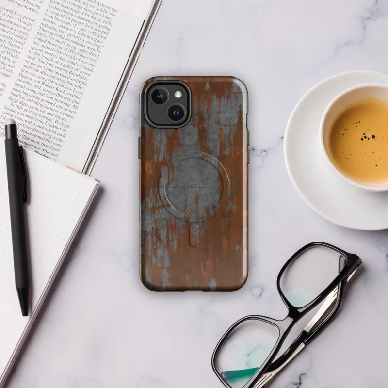 Glossy Iron Decay Rust Metal MagSafe Tough Case for iPhone — heavily corroded metal surface with streaks of burnt orange