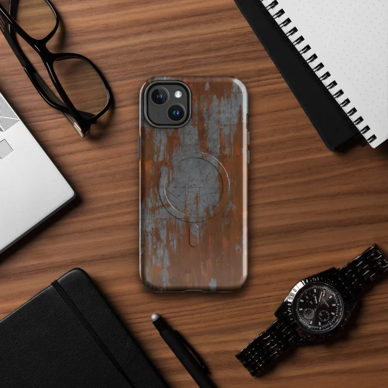 Glossy Iron Decay Rust Metal MagSafe Tough Case for iPhone — heavily corroded metal surface with streaks of burnt orange
