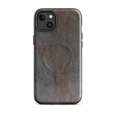 heavily rusted gunmetal steel surface with streaking orange-brown oxidation, scratch marks, and pitting across a gray corroded metal background on Glossy Iron Decay Rusted Metal MagSafe Tough Case for iPhone - default - Front view