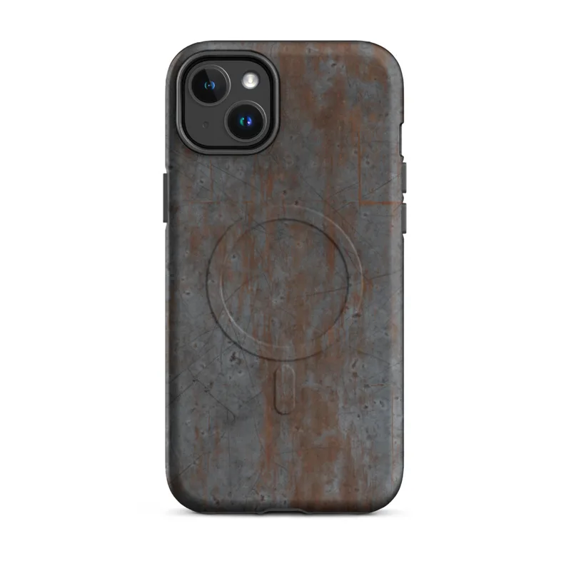 Matte Iron Decay Rusted Metal MagSafe Tough Case for iPhone — heavily rusted gunmetal steel surface with streaking