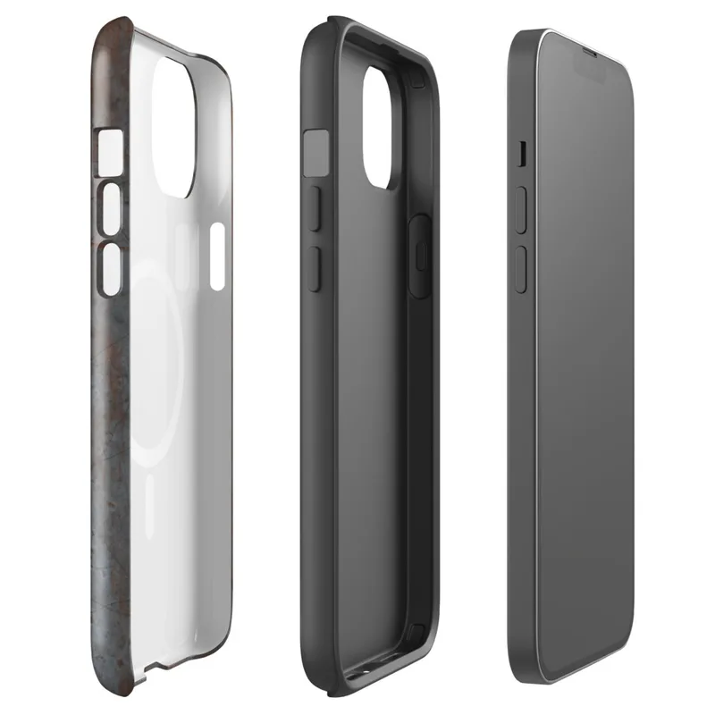Glossy Iron Decay Rusted Metal MagSafe Tough Case for iPhone — heavily rusted gunmetal steel surface with streaking