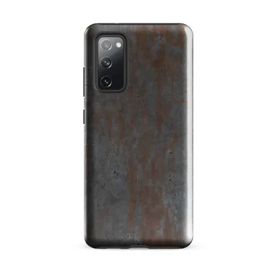 heavily weathered steel plate with streaks of orange rust bleeding vertically over a cold dark grey scratched and pitted metallic surface on Glossy Rusted Iron Fortress Tough Case for Samsung - default - Front view