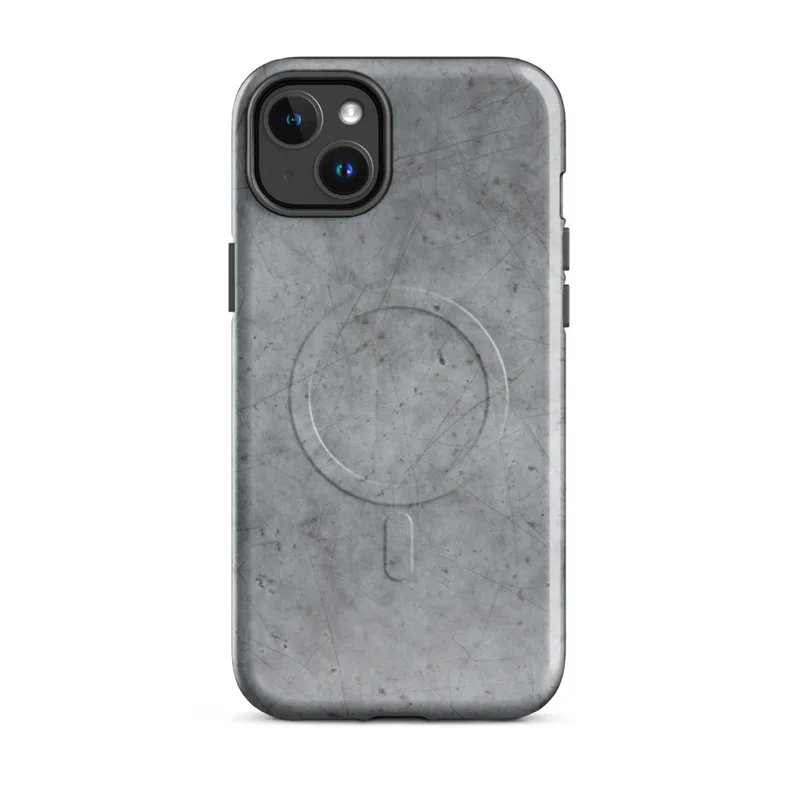 Glossy Scratched Steel Urban Armor MagSafe Tough Case for iPhone — weathered grey metal surface with fine random scratches