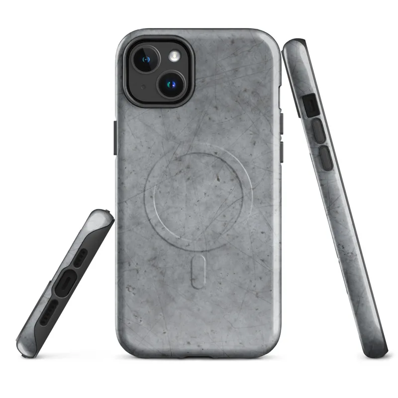 Glossy Scratched Steel Urban Armor MagSafe Tough Case for iPhone — weathered grey metal surface with fine random scratches