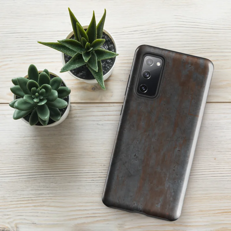 Glossy Rusted Iron Fortress Tough Case for Samsung — heavily weathered steel plate with streaks of orange rust bleeding