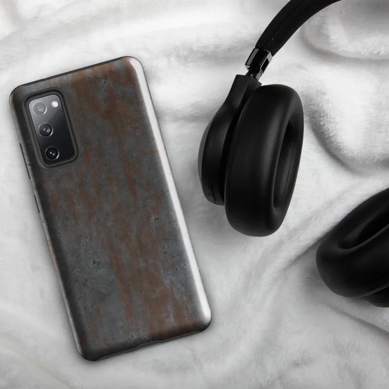 Glossy Rusted Iron Fortress Tough Case for Samsung — heavily weathered steel plate with streaks of orange rust bleeding