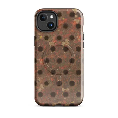 heavily rusted perforated metal plate with deep orange oxidation, dark circular holes in a grid pattern, and scattered mineral deposits on Glossy Industrial Rust Perforated Metal MagSafe Tough Case for iPhone - default - Front view